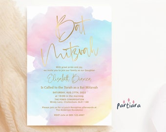Editable Bat Mitzvah Invitation Template: Pink, Gold, Rainbow (Digital Download) P179