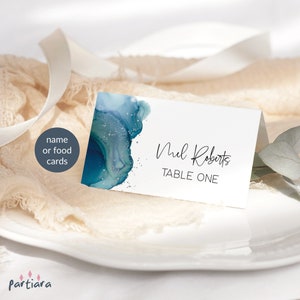 Cartões de lugar para jantar de aniversário, azul-petróleo, prata, para impressão, cartão de nome de aniversário de casamento, decoração de mesa elegante, modelo editável P279