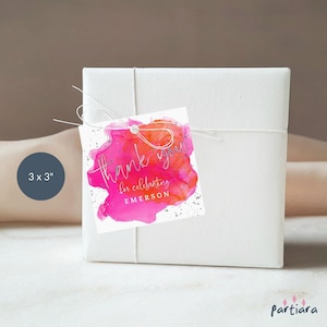 Étiquette de cadeau d'anniversaire orange rose fuchsia cotillons cadeau Merci étiquettes imprimables adolescentes dames dîner carte cartes modifiables téléchargement P200