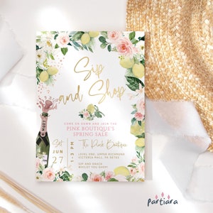Summer Sip and Shop Invitation, Lemon Party Invite Printable, Pink Floral Citrus Card, Editable Digital Download Template P644