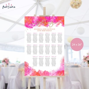 Hot Pink Seating Chart Template, Birthday Dinner Party Table Plan Printable, Tropical Events Decor, Editable 24x36 Download P200