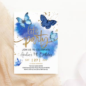 Invito di compleanno a farfalla blu reale, modello modificabile, per ragazze, adolescenti, donne, per feste, brunch, pranzo, cena, invito stampabile, download P617
