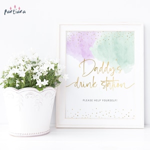 Gender Reveal Decor Daddys Drink Station Printable Sign, Boy Girl Baby Shower Party Table Poster Pastel Lilac Mint Green Clouds Editable P16