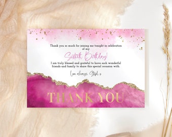May include: Pink and gold thank you card with a watercolor background and the text "Thank you so much for joining me tonight in celebration of my Sixtieth Birthday! I am truly blessed and grateful to have such wonderful friends and family to share this special occasion with. Love always. Steph x THANK YOU"