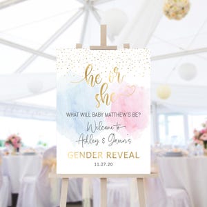 Druckbares Gender Reveal Willkommensschild He She Baby Reveal Party Willkommen Poster Brett EDITIERBARE Pastell Blau Rosa Gold Rauch Dekor Download P16