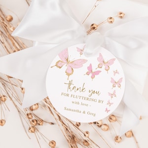 Schmetterling Danke Kartenvorlage, Geschenkanhänger zum ausdrucken, Mädchen Baby Shower Schmetterlinge Pastell rosa Dekor, bearbeitbarer Download P293