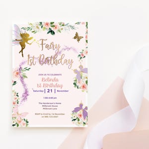 Fairy 1st Birthday Invitation, Girl Enchanted Garden Party Invite Printable, Pink Purple Floral Butterflies, Editable Template Download P328