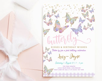 Pastel Butterflies Birthday Wishes and Butterfly Kisses Party Invitation Editable Template, DIY Printable Pink Lilac Purple Gold Decor P87