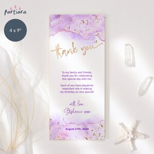 Tarjeta de agradecimiento con decoración de lavanda, tarjeta imprimible de agradecimiento delgada para cena de cumpleaños de dama, lila dorada editable, descarga P300