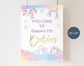 Pastell Einhorn Geburtstag Willkommen Zeichen Mädchen Magische Regenbogen Party Willkommen Poster Dekor Printable Blau Pink Gold Bearbeitbar Download P179