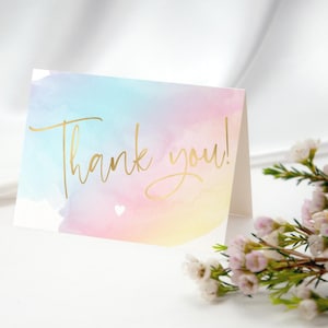 Carte de remerciement arc-en-ciel, cartes d'anniversaire filles imprimables, notes de remerciement pastel pour la douche nuptiale, remerciement pour la fête de naissance des filles, P179 modifiable