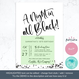 A Night in All Black 18th Birthday Invitation Printable - Etsy