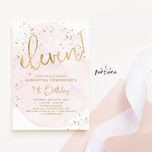 Mädchen-Geburtstagseinladung Druckbare 11. Geburtstagsparty einladen bearbeitbare Vorlage Pastell Blush Rosa Gold Dekor Instant Download P132 P249