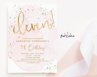 Girl Birthday Invitation Printable 11th Birthday Party Invite Editable Template Pastel Blush Pink Gold Decor Instant Download P132 P249