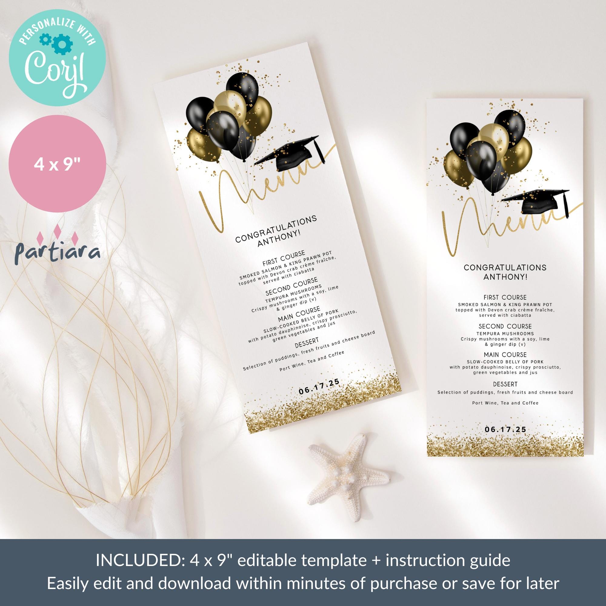 Grad Balloon Menu Graduation Dinner Menu Template, Boys Grad Bash Party Table Menus ...