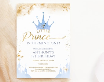 Faire-part d'anniversaire Royal One, premier anniversaire Prince, invitation imprimable, décoration couronne et château en or bleu pastel, téléchargement modifiable P137