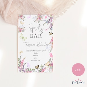 Braut Spritz Bar Menü Vorlage, Blumen Geburtstag Spritz Bar Getränke Tischkarte Druckbar Damen - Wildblumen Schmetterling Dekor - Bearbeitbar P256