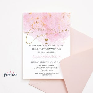 Mädchen Kommunion Einladung Pastell Rosa Vorlage, erste heilige Kommunion einladen Karte druckbar, bearbeitbarer digitaler Download P364