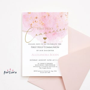 Holy Communion Invitation Girl Printable Digital Download Editable Template for First Communion Blessing Pastel Pink Gold Modern Decor P364