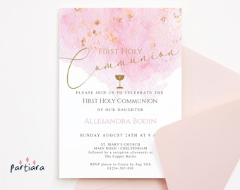 May include: A First Holy Communion invitation with a pink watercolor background and gold foil accents. The invitation includes the text "First Holy Communion" in elegant script, along with event details and a pink envelope.