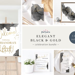 Birthday Pack Template, Partiara Dinner Party Kit Printable, Black and Gold Decor for Men or Ladies Events, Digital Download PPP-005 P268