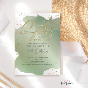 60th Birthday Invite Sage Green Gold Sixty and Fabulous Dinner Party Invitation Printable for Ladies Editable Digital Download Template P629
