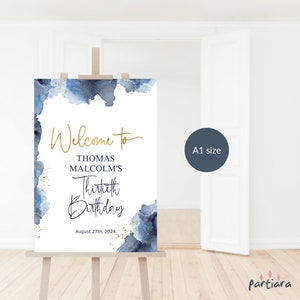 Mens Birthday Welcome Sign Editable Template, Navy Blue and Gold 30th 40th 50th Birthday Party Poster Decor Printable, Digital Download P239