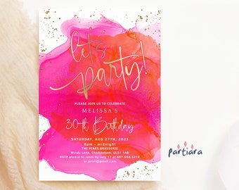 Orange Pink Birthday Invitation Lets Party Printable Ladies Fuchsia Hot Pinks Gold Brunch Dinner Drinks Editable Digital Download P200