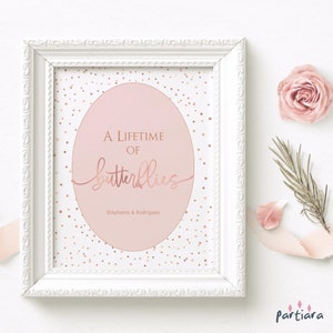 A Lifetime of Butterflies unterzeichnen Brautparty druckbare, Mädchen-Baby-Dusche-Tisch Poster Vorlage, Rose Blush Rosa Gold Bearbeitbares Dekor P293
