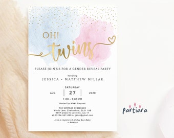 Twins Baby Gender Reveal Party Invitation Printable Pastel Blue Pink Smoke Baby Shower He She Reveal Invite Editable Download Template P16
