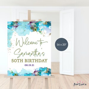 Turquoise Blue Gold Welcome Sign Template Editable DIY Printable Adult Surprise Beach Party Welcome Poster Decoration Instant Download P243