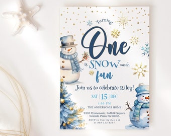 Snowman Invitation 1st Birthday Invites for Boys Winter Christmas Holiday Snow Much Fun to be One Printable Editable Download Blue Gold P846