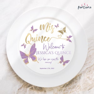 Mis Quince Purple Plate Insert Printable, Quinceanera Butterfly Chargers, Pastel Lavender Lilac Gold Table Welcome Cards, Editable P438