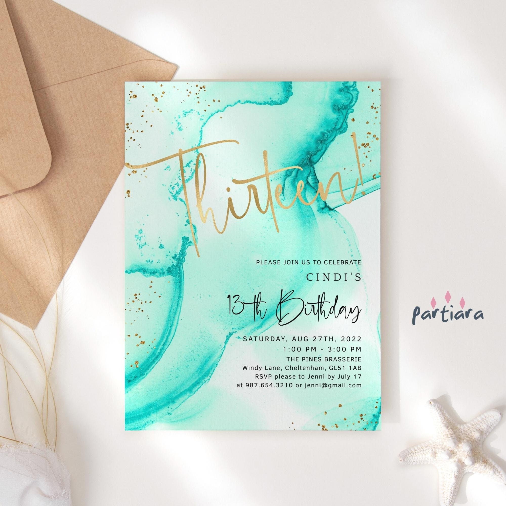 13th Birthday Invitation Editable Girl Turquoise Green Gold - Etsy