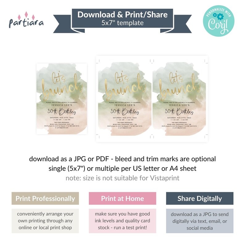 May include: A printable invitation template with the text "Let's Brunch" in gold script. The invitation is for Jessica Lee's 30th Birthday. The design includes watercolor washes in green and peach. The template is available in a 5x7 inch size.