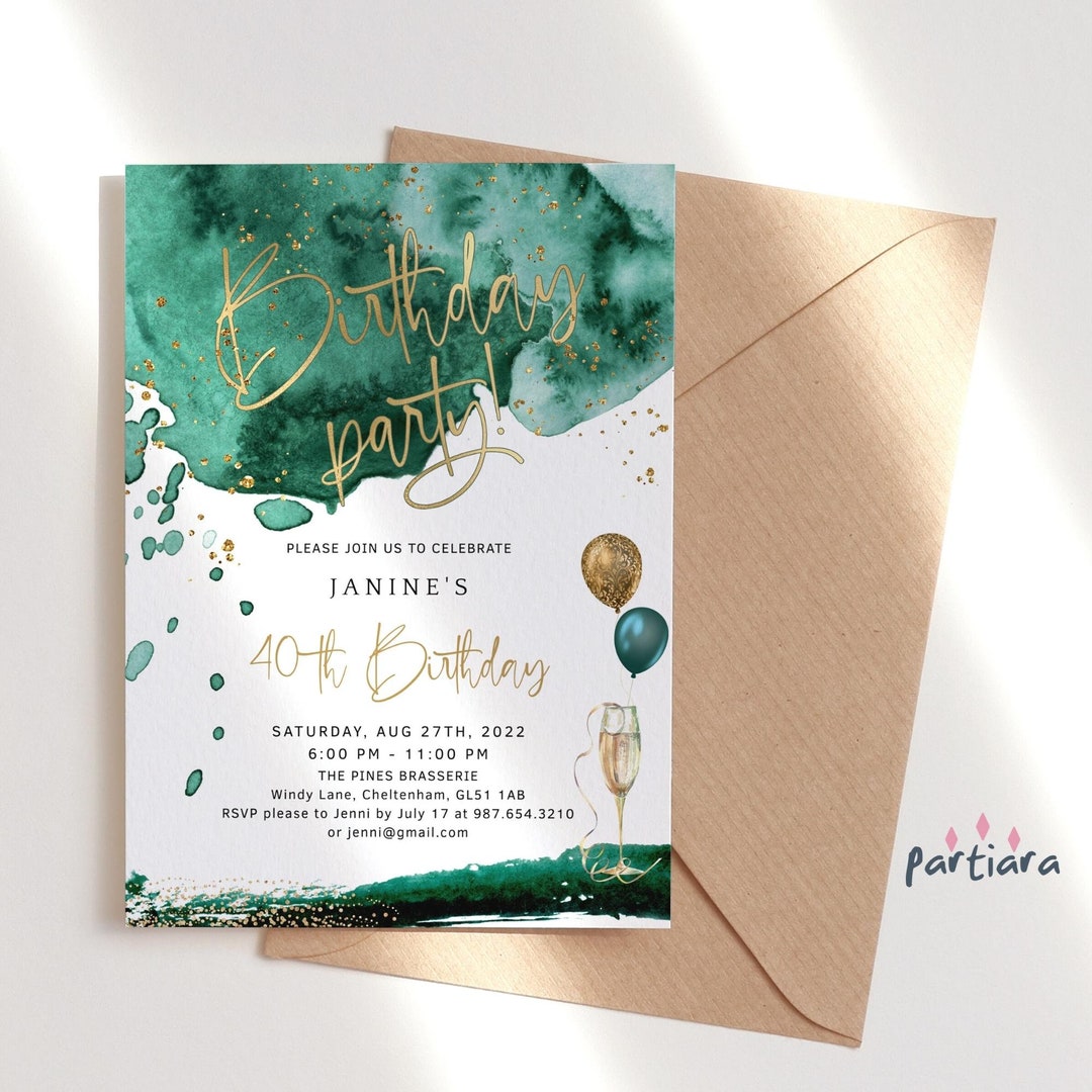 Emerald Green Birthday Invitations Printable Ladies 30th 40th 50th 60th