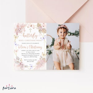 Invito per battesimo Butterfly Kisses Invite stampabile, biglietti fotografici per battesimo congiunto per bambine, 1° compleanno, pastello Boho Floral modificabile P171