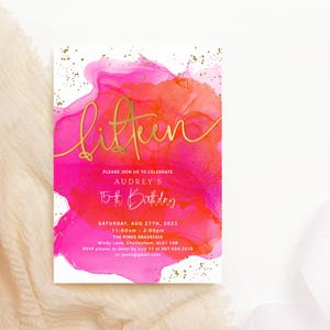 Hot Pink Orange 15th Birthday Invite Girl Brunch Lunch Tropical Party Invitations Fuchsia Pinks Gold Decor Printable Editable Download P200