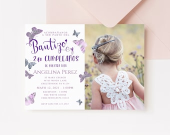 Girl Spanish Baptism Birthday Butterfly Invite Printable Lilac Purple Silver Butterflies Editable Photo Invitation Template Download P343