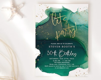 Green and Gold Invitation, Birthday Invite Template, Emerald Green Lets Party Invites Printable, Editable Digital Download P257