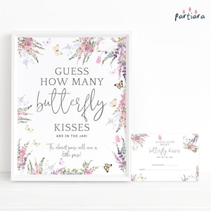 Guess How Many Butterfly Kisses Party Game Sign Notecards Girl Baby Shower Party Activity Games Printable Wildflowers Decor Editable P256