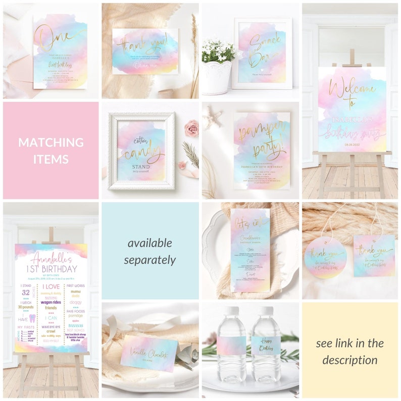 Pu&ograve; includere: Un set di decorazioni per feste stampabili per un primo compleanno. Le decorazioni presentano uno sfondo ad acquerello con lettere dorate. Il set include un cartello di benvenuto, un cartello per il bancone dei dolciumi, un cartello per il bar degli snack, un invito di compleanno, un'etichetta di ringraziamento, un'etichetta per la bottiglia d'acqua e un cartello con un elenco di cose che piacciono alla bambina festeggiata.