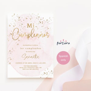 Modèle d'invitation 1er anniversaire Mi Cumpleanos pour filles, cartes d'invitation espagnoles First Party imprimables, déco or rose pastel, modifiable P249