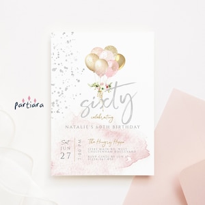 Blush 60th Birthday Invitation Template, Ladies 60th Party Invite Printable, Pastel Pink Gold Balloons Decor, Editable Digital Download P344