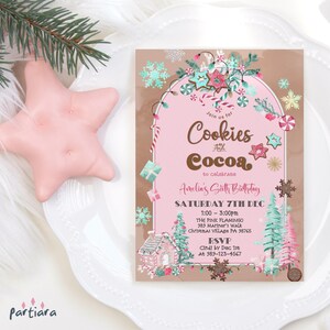 Cocoa and Cookies Birthday Invitation Editable Download, Cookies and Cocoa Invite Printable, Girls Hot Cocoa Party Pink Green, Editable P843