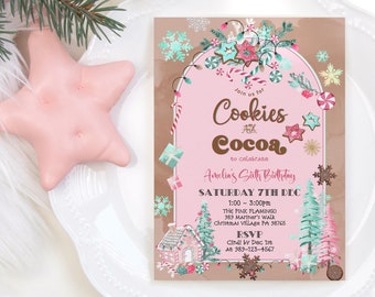 May include: A pink star-shaped decoration and a party invitation. The invitation features the text "Cookies and Cocoa" to celebrate Amelia's Sixth Birthday. The invitation includes decorative elements like snowflakes, gingerbread houses, and Christmas trees.