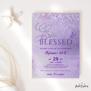 Purple 80th Birthday Invite Digital Download Editable Template for Ladies Eighty and Blessed Surprise Dinner Party Printable P139 P264