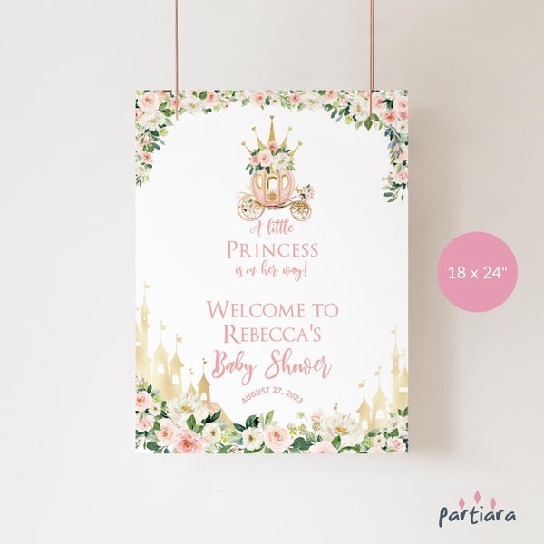 Baby Princess Sign Welcome Baby Shower Party Poster Decoration Pink Gold Fairytale Castle Floral Tiara Printable Editable Download P137