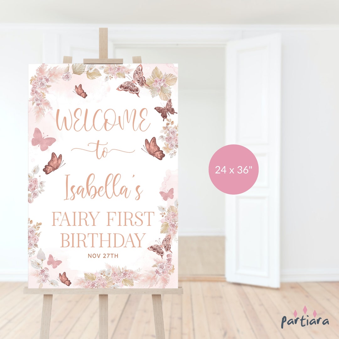 Girl 1st Birthday Sign Template, Boho Floral Butterfly Party — free download