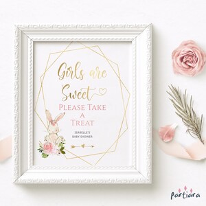 BUNNY BABY SHOWER Treats Table Sign, Girls are Sweet Take a Treat Dessert Favors Poster Decor Printable, Pink Gold Floral Editable P376